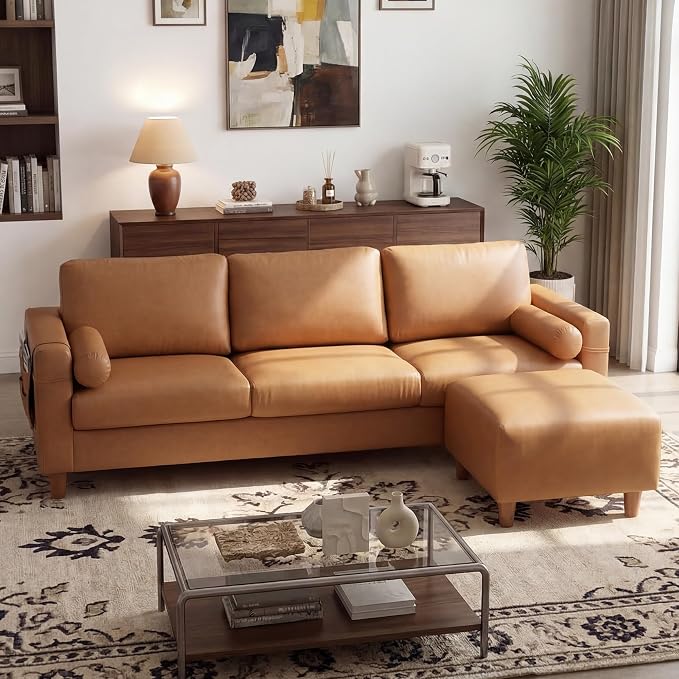 Vesgantti 100" Faux Leather Couch with Movable Ottoman, 3 Seater L Shaped PU Leather Sofa with Side Pocket, Comfy Mid Century Modern Modular Sectional Couch for Living Room, Apartment, Camel