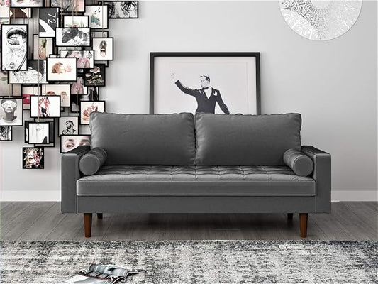 Container Furniture Direct Womble Mid Century Modern Soft Velvet Upholstered Tufted Seat with Bolster Pillows, Loveseat, Sofa, Silverish Grey