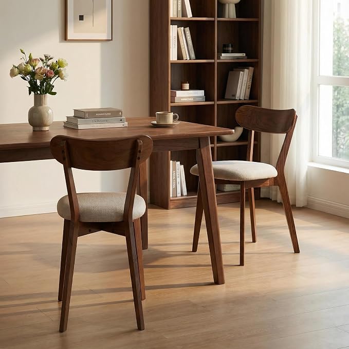 100% Solid Wood Dining Chairs,Mid Century Modern Dining Chairs with Rounded Backrest,Kitchen,Dining Room Chairs Set of 1/2/4 (2, Walnut Color Grey Upholstery)