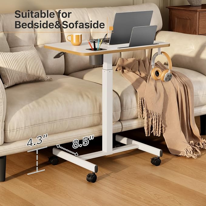 Mobile Standing Desk, Rolling Laptop Cart Adjustable Height with Cup Holder, 28 inch Portable Table with 4 Lockable Wheels, White Computer Workstation with Hook and Slots for Home Office