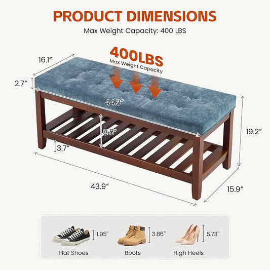 HUBSON 44" Entryway Shoe Bench, Upholstered End of Bed Bench with Solid Wood Shelf, Button Tufted Shoe Bench for Bedroom, Hallway, Living Room, Blue