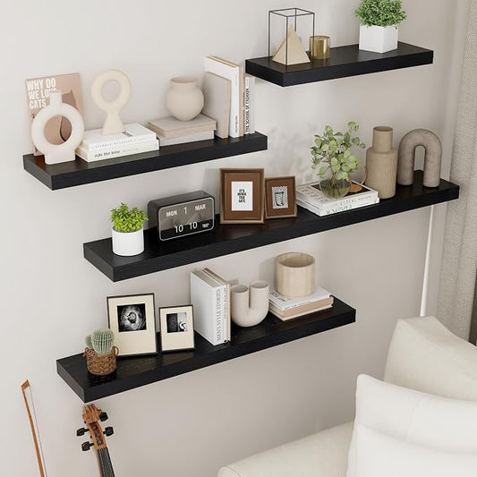 fuqing Floating Shelves for Wall - Black Wood Wall Shelves Set of 3 - Modern Style Wooden Shelves for Room Decor & Storage
