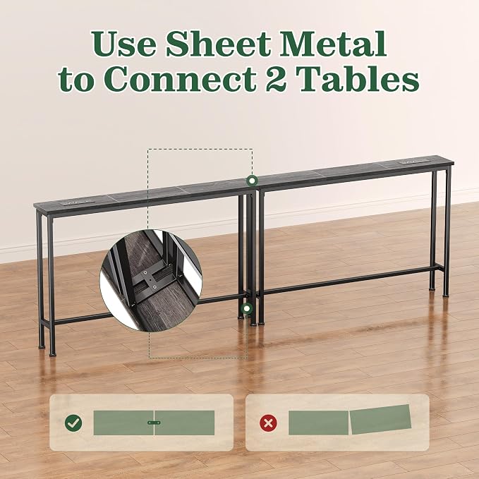 SUPERJARE 5.7 Inch Console Table with Outlet, Sofa Table, Behind Couch Table, 5.7 x 39.4 x 29.7 Inches, Metal Frame, Charging Station, Charcoal Gray