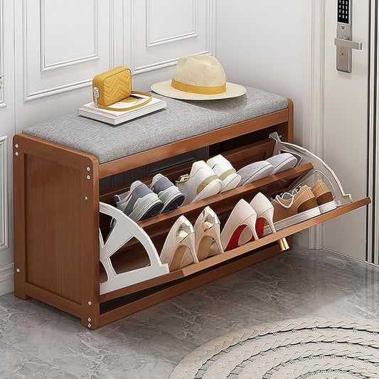 ELEFOCUS Shoe Storage Bench with Rattan Drawers - Slim Shoe Organizer Cabinet for Closet | Space-Saving Closed Shoe Rack (Size:50x25x45cm,Color:Brown)