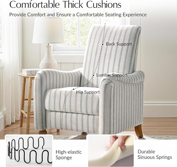 HULALA HOME Farmhouse Recliner Chairs Set of 2 with Solid Wood Spindle Legs, Striped Push Back Recliner Armchairs with Adjustable Backrest & Footrest, Comfy High Back Lazyboy Single Sofas, Blue