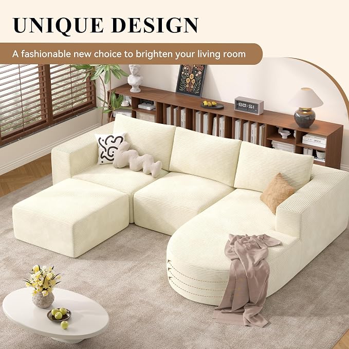 Boneless Couches for Living Room with Chaise,104" Modular Sectional Sofa with Convertible Ottoman,Cozy Cloud Couch with U-Shaped,Sponge Compression Sofas in a Box,No Assembly Required(Beige) 1pcs