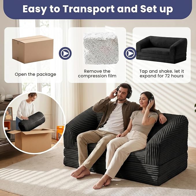 JUIKURY Convertible Sofa Bed, 3-in-1 Foldable Loveseat Couch with Armrest, Corduroy Floor Sofa & Sleeper Bed, No Assembly High-Density Foam Futon Mattress for Living Room, Small Apartment, Dorm