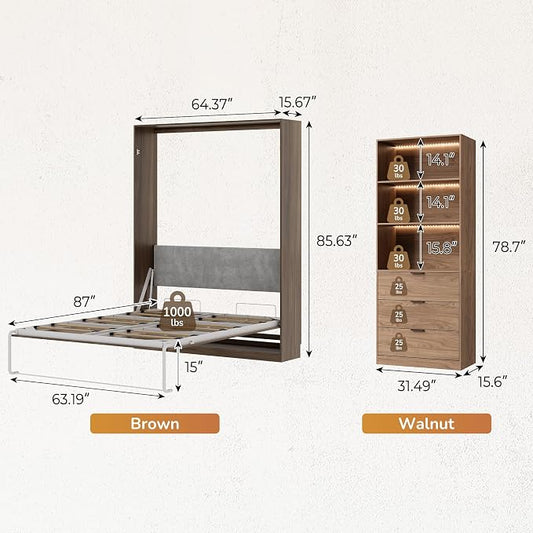 Bobve Farmhouse Murphy Bed Queen,85" Wall Bed Folds to Save Space,Concealed Bed Frame with 2 LED Storage Cabinets and Wall Mounted Features for Apartment/Office/Guest Room,Brown+Walnut
