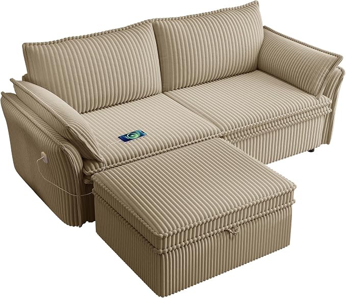 85'' Sofa Bed Full Size, Tool-Free Assembly, 3 in 1 Convertable Sleeper Sofa, Corduroy Couches with Pull Out Bed, USB & Storage, Modern Loveseat for Small Space, Living Room, Corduroy Camel