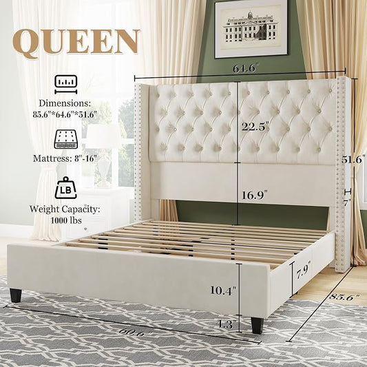 Jocisland Queen Size Bed Frame with 51.6” Wingback Tufted Velvet Headboard, Modern Upholstered Platform Bed, No Box Spring Needed, Easy Assembly, Cream