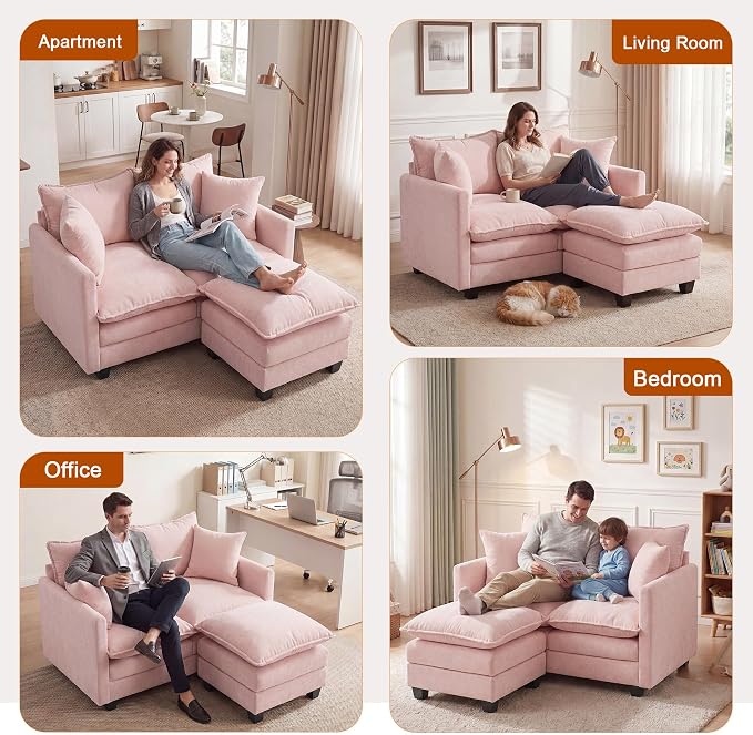 50'' L-Shape Loveseat Sofa with 22" Ottoman, 2 Seat Modern Cloud Couch with 2 Washable Pillows for Small Space Apartment Office Living Room Bedroom, Pink