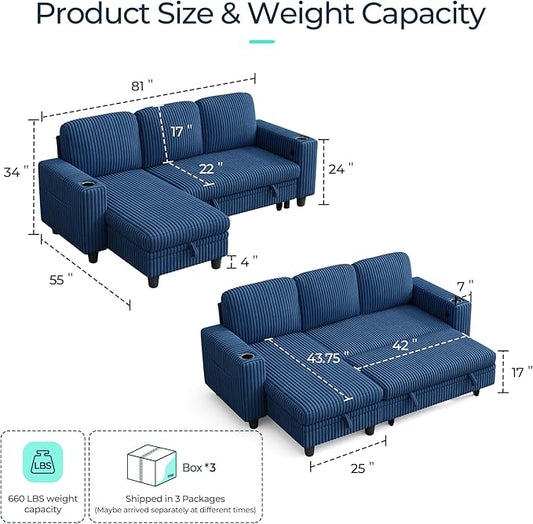 LINSY HOME Sectional Sleeper Sofa with Pull Out Couch Bed Convertible Plush Corduroy Cloud Couch with Storage Chaise & USB Charging, Comfy L Shaped Modular Couches for Living Room Apartment (Blue)