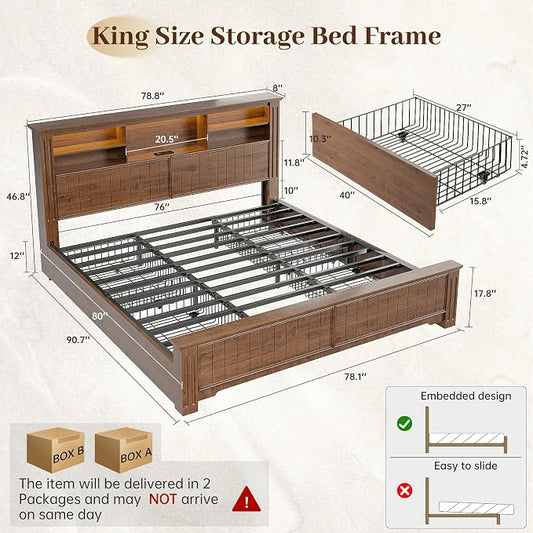 EnHomee King Size Bed Frame with 4 Storage Drawers and Headboard,LED Lights & Charging Ports,No Box Spring Needed for Big House,Noise-Free,Wooden,Brown