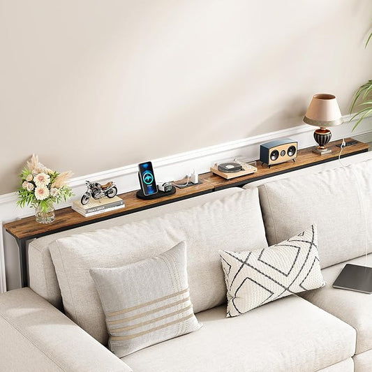 Kitstorack 2-Pack Narrow Console Table with Adjustable Height (25"-33") & 2 Power Outlets, Skinny Behind Couch Table, 78.8" Long x 5.9" Wide Sofa Side Table for Living Room, Rustic Brown