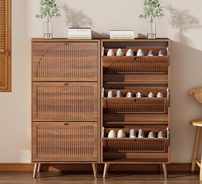 Fsbecl Shoe Storage Cabinet for Entryway with 3 Flip Drawers, Narrow Shoe Organizer with Fluted Panel, Freestanding Wood Hidden Shoe Cabinet for Hallway(Walnut, 23.6''W, Single Layer)