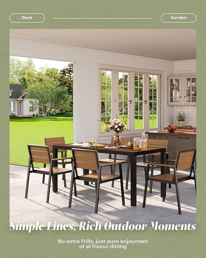 Vexwalx 67" HDPS Outdoor Patio Dining Table, Aluminum-Edged Outdoor Dining Table with Umbrella Hole, Weather-Resistant for Lawn, Garden, Poolside and Indoor Use, Gray&Teak