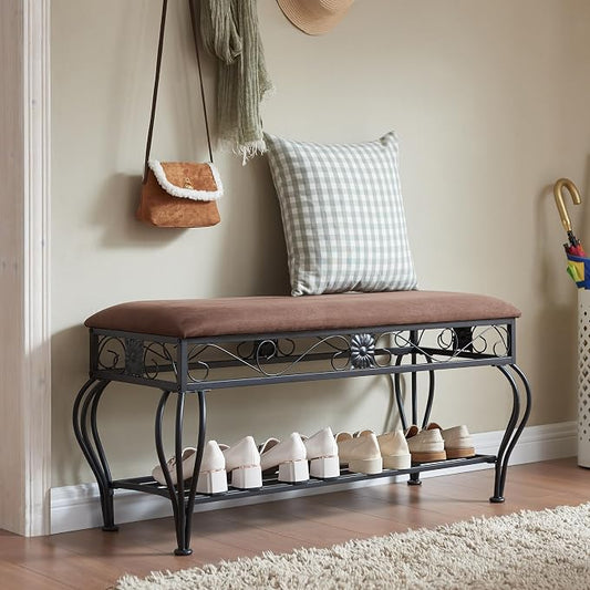 Bluecat Entryway Shoe Bench with Brown Padded Cushion, Metal Frame Multi-Functional Shoe Changing Bench for Hallway Living Room Bedroom