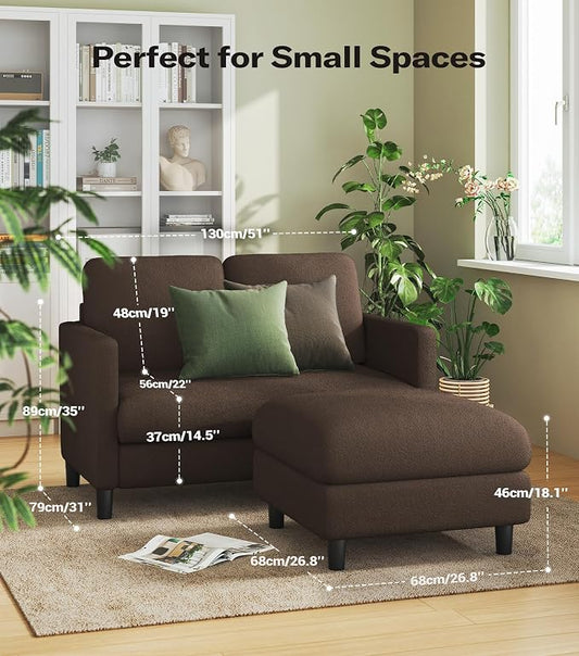 Welzona Loveseat, 51" Small L Shaped Couch, Comfy Teddy Love Seat with Ottoman Set, Tool-Free Setup Loveseat Sofa with Ottoman, All-Wood Small Sofa Couch for Bedroom, Couch for Living Room, Brown