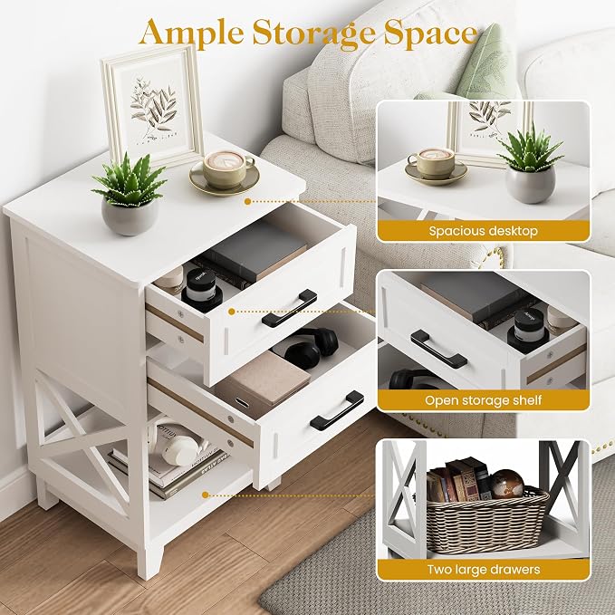May in Color Nightstand Set of 2, 30" Tall Side Table with 2 Drawers and Open Shelf, Bedside Table with Solid Feet, Modern Night Stand End Table for Bedroom, Home Office, White