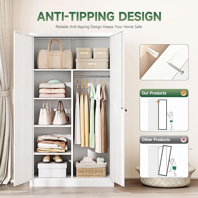 Letaya Metal Locker,Steel Wardrobe Storage Cabinets with Lock Door,Clothing Coat Storage Freestanding for Office, Home, School, Employee,Gym,Fire Department (White)