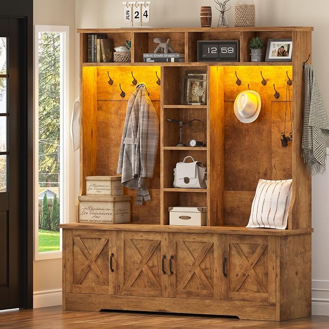 CSZZD Hall Tree with Bench and Shoe Storage, Farmhouse Entryway Bench with Coat Racks and Led Lights, Large Hall Tree with 12 Coat Hooks, 8 Storage Cubbies, Adjustable Shelf