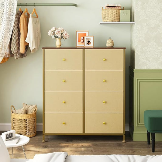 OLIXIS 8 Drawer Storage Dresser with Wood Top - Wide Fabric Chest Organizer for Bedroom, Closet, Living Room,Tower Cabinet, TV Stand, Hallway Entryway Furniture,Khaki