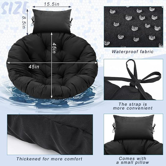 Tudomro Black Egg Chair Cushion Hanging Basket Chair Replacement 45x45 Hammock Basket Swing Waterproof Cushion Hanging Swing Pads with Headrest for Indoor Outdoor Porch Backyard Patio Garden