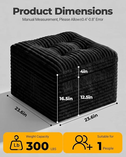 23.6in Pouf Ottoman, Corduroy Ottoman Foot Rest with Dual‑Layer Support, Large Poofy Pouf with Soft Chunk‑Foam Top & Firm Foam Base, Floor Foot Stool for Living Room, Black