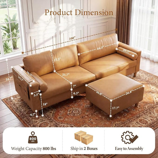 Vesgantti 100" Faux Leather Sofa with Movable Ottoman, Large 3 Seater L Shaped PU Leather Couch with Side Pocket, Comfy Mid Century Modern Modular Sectional Sofa for Living Room, Apartment, Camel