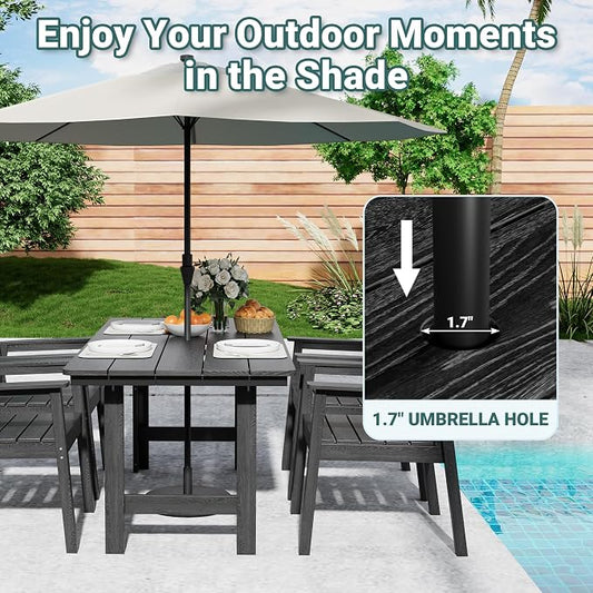 Pamapic 5-Piece Outdoor Dining Set, HDPE Outdoor Rectangular Table and 4 Chairs, Wood Grain Patio Furniture Sets with Armrest, All-Weather Patio Dining Table with Umbrella Hole, Black