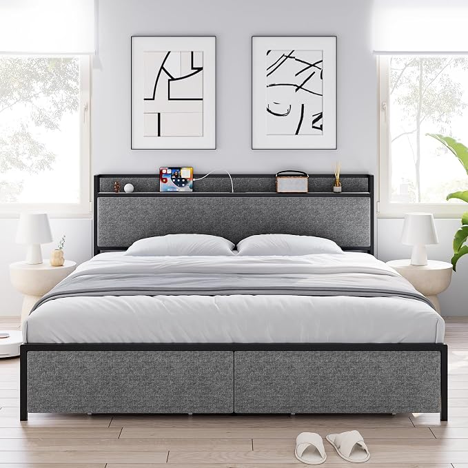 King Size Bed Frame with USB Ports and 2 Storage Drawers, Modern Platform Bed with Upholstered Shelf Headboard, Sturdy, Noise Free, No Box Spring Needed, Gray