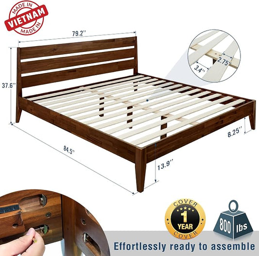 Acacia Emery Bed Frame with Headboard Solid Wood Platform Bed, King Size Bed Frame, Mid - Century Modern Wood Bed Compatible with All Mattresses, Easy Assembly, Non-Slip, Chocolate.