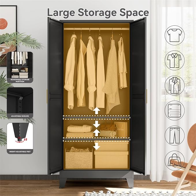 Metal Wardrobe Closet with Doors and Shelves, 71" Farmhouse Bedroom Armoire with Hanger Rod and Clothing Shelf, Black Metal Closet Cabinet for Garage, Office, Laundry Room