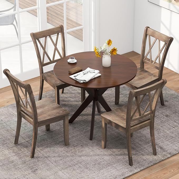 SIMOE Set of 4 Wooden Dining Chairs, Mid Century Farmhouse Kitchen Chairs, Solid Rubberwood Armless Side Chairs with High Back, Ergonomic Seats for Dining Room Living Room, Brown