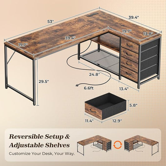 PRAISUN 53" L Shaped Desk with Power Outlets & USB-C Port, Reversible Computer Corner Office Desk with 4 Fabric Drawers and 2 Storage Shelves, Large Desk for Gaming Writing Work Study, Rustic Brown