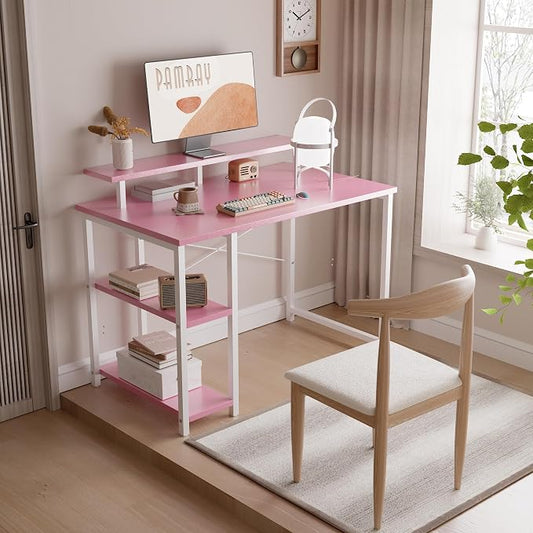 Pamray 33.5 Inch Small Computer Desk with Monitor Stand and Shelves | Sturdy, Space-Saving, Easy Assembly, Suitable for Bedroom, Office, Apartment and Dorm, Used for Writing and Studying