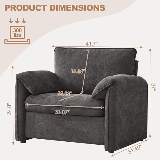 Oversized Accent Chair for Living Room, 41.73" Large Modern Armchair with Deep Seat, Mid-Century Comfy Reading Chair with Padded Arms, Chenille Single Sofa Chairs for Bedroom, Dark Grey