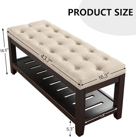 adochr Linen Large Rectangular Ottoman with Storage, Upholstered Entryway Bench for Living Room, Oversized Button Tufted Ottoman with Wood Shelf Storage, Light Brown