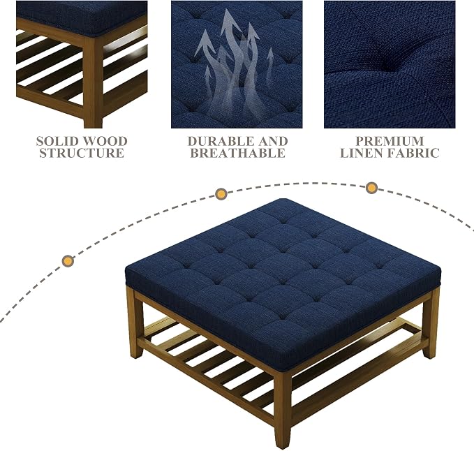Befurtori Large Square Ottoman Coffee Table, Linen Solid Upholstered Footrest Ottoman with Solid Wood Shelf Storage Tufted Coffee Table for Bedroom Living Room, Navy Blue