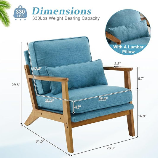 VINGLI Solid Wood Wide Armrests Accent Chair,Upholstered Mid Century Modern Chair with Pillow,Comfy Reading Chair Farmhouse Arm Chair,Chairs Living Room,Bedroom,Guest Room,Linen Fabric,Navy Blue