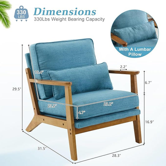 VINGLI Solid Wood Wide Armrests Accent Chair Set of 2,Upholstered Mid Century Modern Chair with Pillow,Comfy Reading Chair,Chairs Living Room,Bedroom,Guest Room,Linen Fabric,Navy Blue