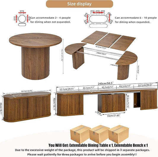 43-95 Inch Oval Extendable Dining Table Set for 4-10, Fluted Space Saving Long Round Kitchen Table with Bench, 3 Leaf, 2 Storage, Mid Century Modern Dining Room Dinner Table for Living Room, Walnut