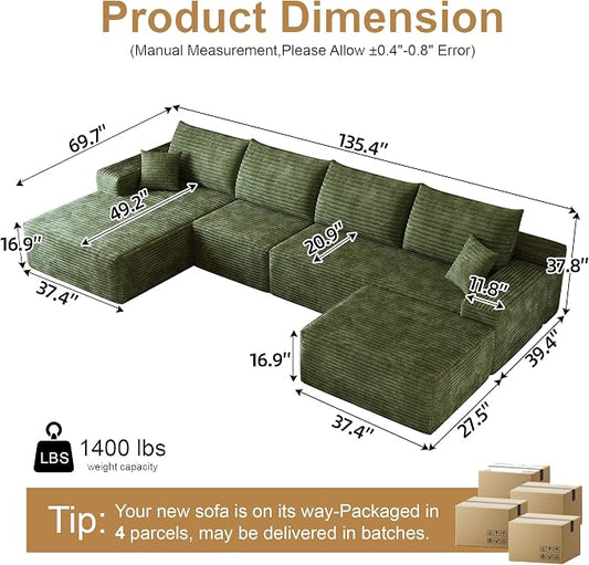AUGOP 136" Sectional Couches for Living Room Modern Modular Sofa with L-Shape Couchs Upholstered Boneless Couch Deep Seat Sectional Couch with Chaise (Green, Left Facing Chaise+3Seaters+Ottoman)