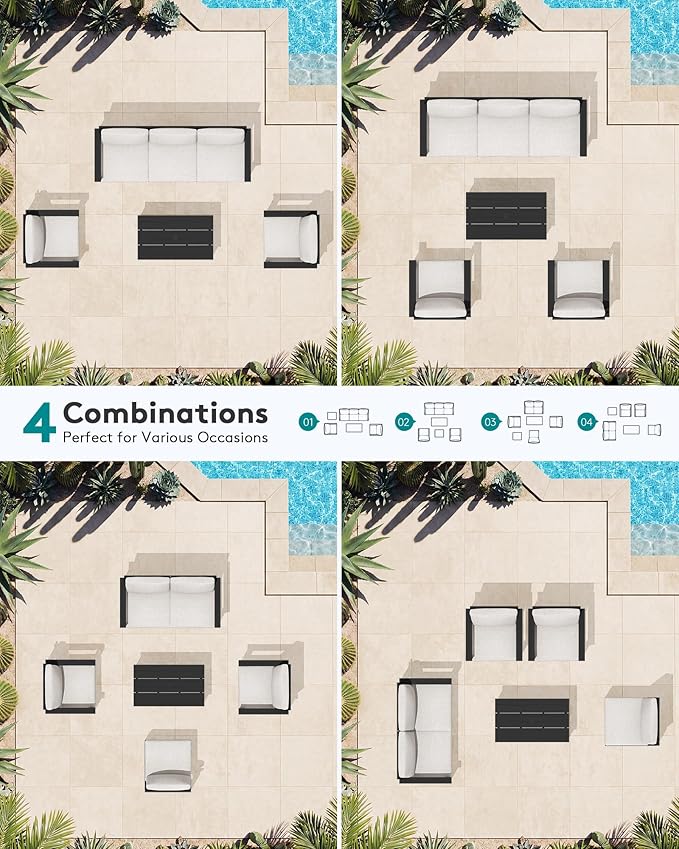 SERWALL HDPE Patio Conversation Set, 6-piece Sectional Outdoor Furniture Set, All Weather Outdoor Couch Set Patio Furniture Set for Deck, Lawn, Black Frame with Khaki Cushion