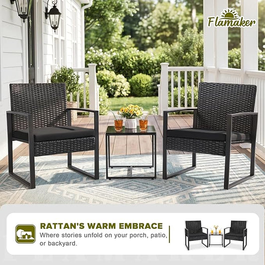 Flamaker 3 Pieces Outdoor Patio Wicker Furniture Set, Modern Rattan Chair Conversation Sets with Coffee Table for Yard and Bistro (Black)