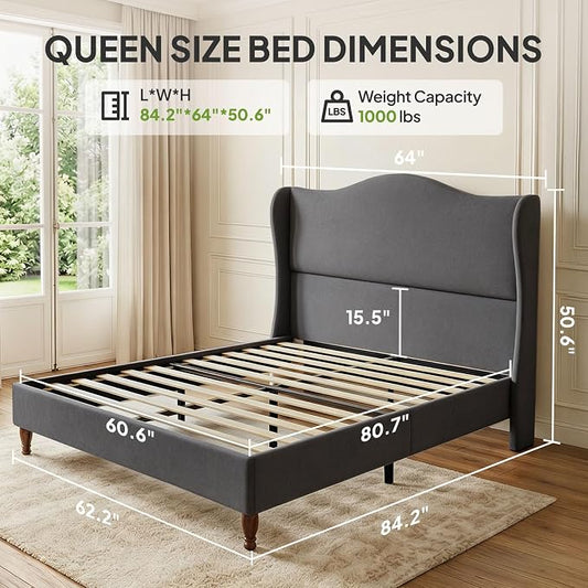 Welzona Queen Size Bed Frame 51" Tall Wingback Headboard, Soft Fabric Upholstered Platform Bed with Solid Wood Legs and Wooden Slats Support, No Box Spring Needed, Easy Assembly,Grey