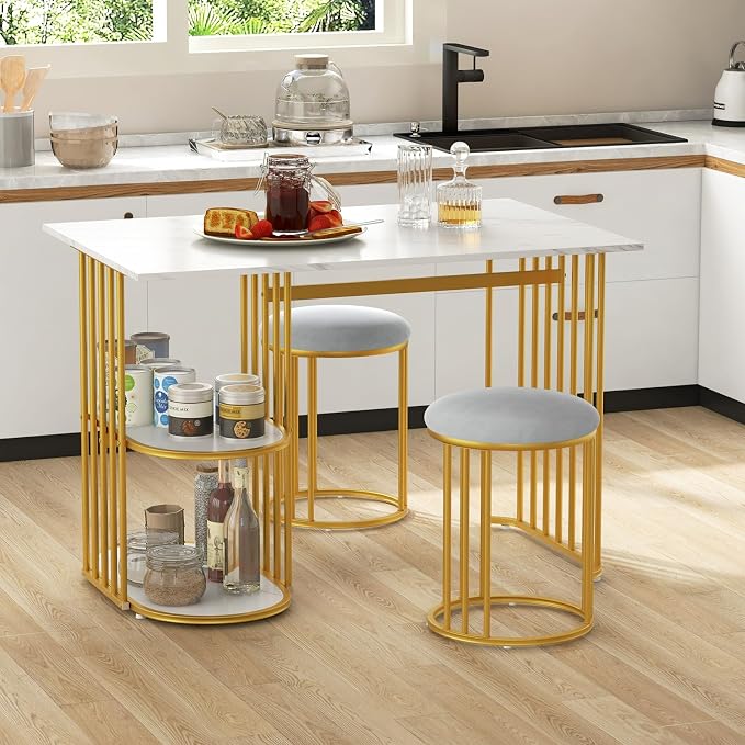 Giantex 3-Piece Dining Table Set for 2, Rectangular Kitchen Table with 2 Stools, 2-Tier Storage Shelf, Upholstered Seat, Faux Marble Top, Metal Frame, Dinette Desk, Breakfast Desk for Small Space