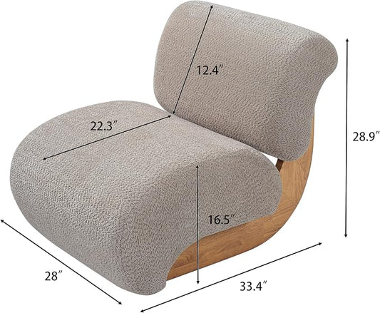 Merax 28" Modern Curved Boucle Accent Chair with Solid Wood Base, Mid-Century Armless Upholstered Slipper Lounge Chair for Living Room, Bedroom, Reading Nook, Natural + Almond