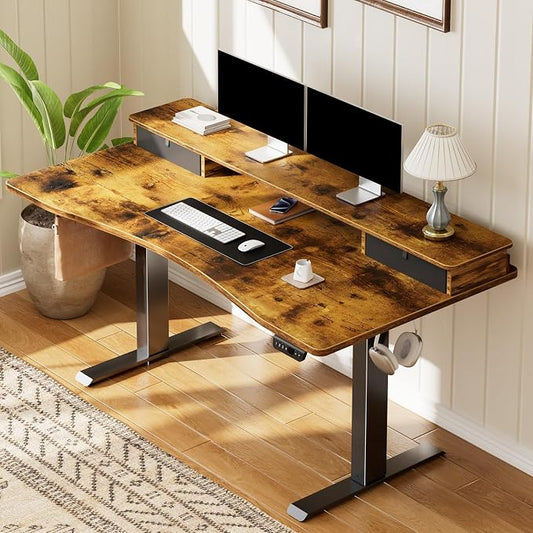 Veken 47.2"×27.6" Standing Desk with Storage Drawers, Adjustable Height Computer Table with Monitor Shelf, Home Office Desk for Study, Gaming, Workstation, Brown | Stand up Computer Desk for Home Office, Work & Study, with Storage, 3 Memory Presets, Ca...