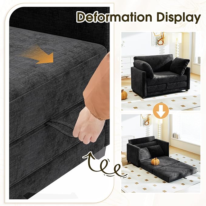 Myroyalsit 51" Convertible Loveseat Sofa Bed, 2-in-1 Folding Sofa Bed with 2 Pillow for Small Spaces, Modern Loveseat Sleeper Couch for Apartment, Living Room & Guest Room (Chenille Black, 51 inch)